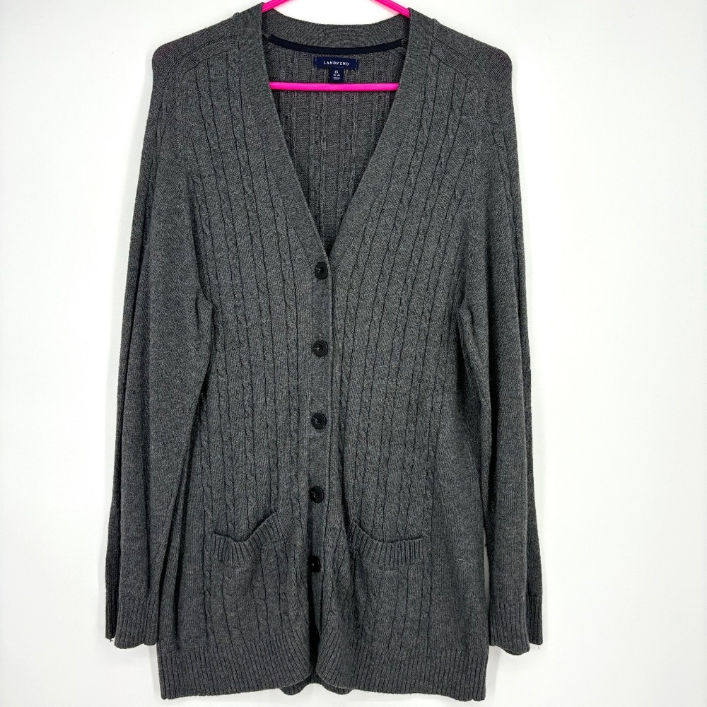Lands' End Womens XL Button Front Cardigan Sweater Heather Gray Cable Knit LS